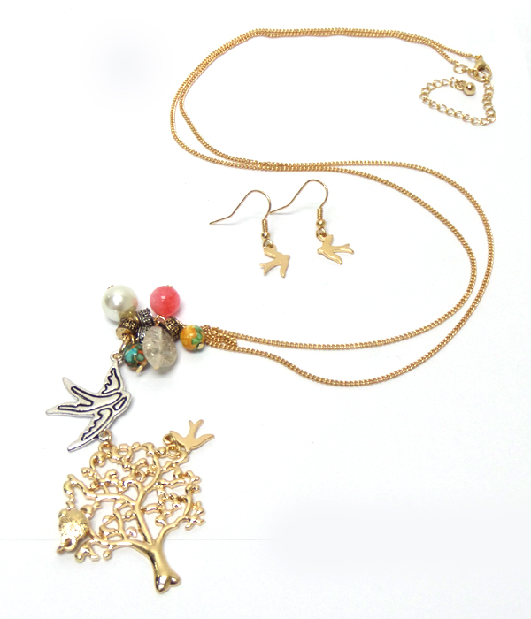 Life tree with charms metal long necklace set