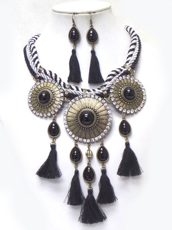 Three layer rope with disks linked tassel drop necklace set