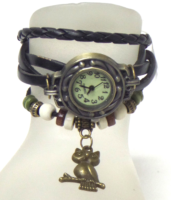 Boho multi layer leather wrap owl charm bracelet watch
