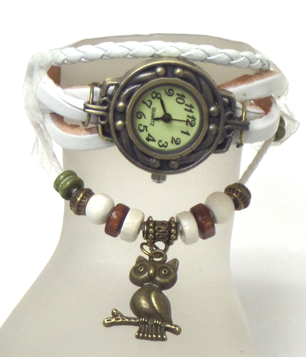 Boho multi layer leather wrap owl charm bracelet watch