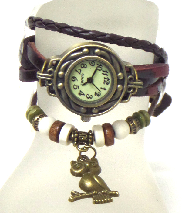 Boho multi layer leather wrap owl charm bracelet watch