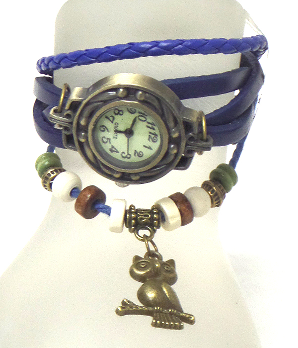 Boho multi layer leather wrap owl charm bracelet watch