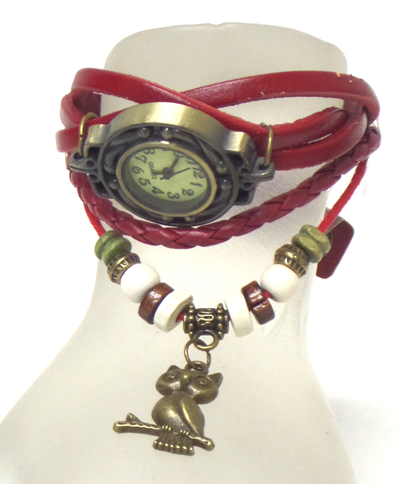 Boho multi layer leather wrap owl charm bracelet watch