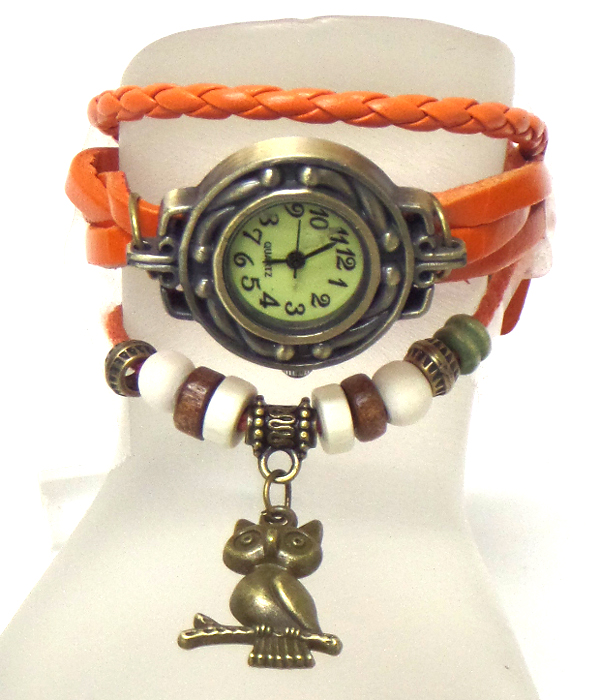 Boho multi layer leather wrap owl charm bracelet watch