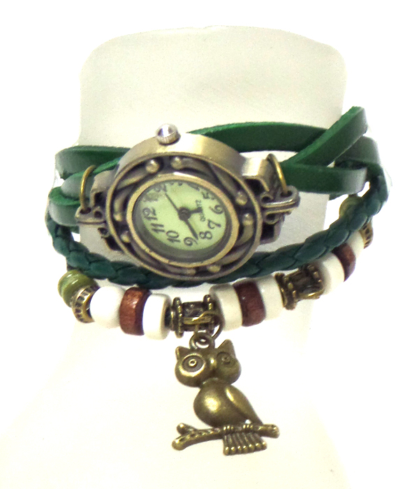 Boho multi layer leather wrap owl charm bracelet watch