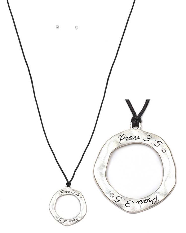 Religious inspiration organic round pendant and wax cord long necklace set - prov 3:5