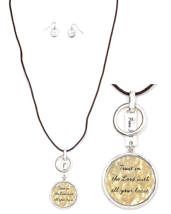Religious inspiration hammered metal disk pendant and wax cord long necklace set - prov 3:5