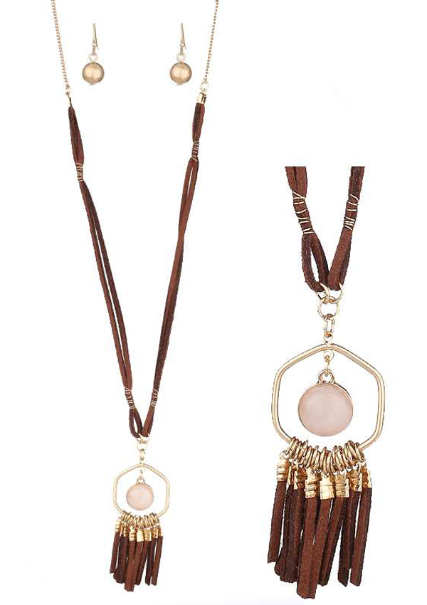 Multi leather tassel long chain necklace set