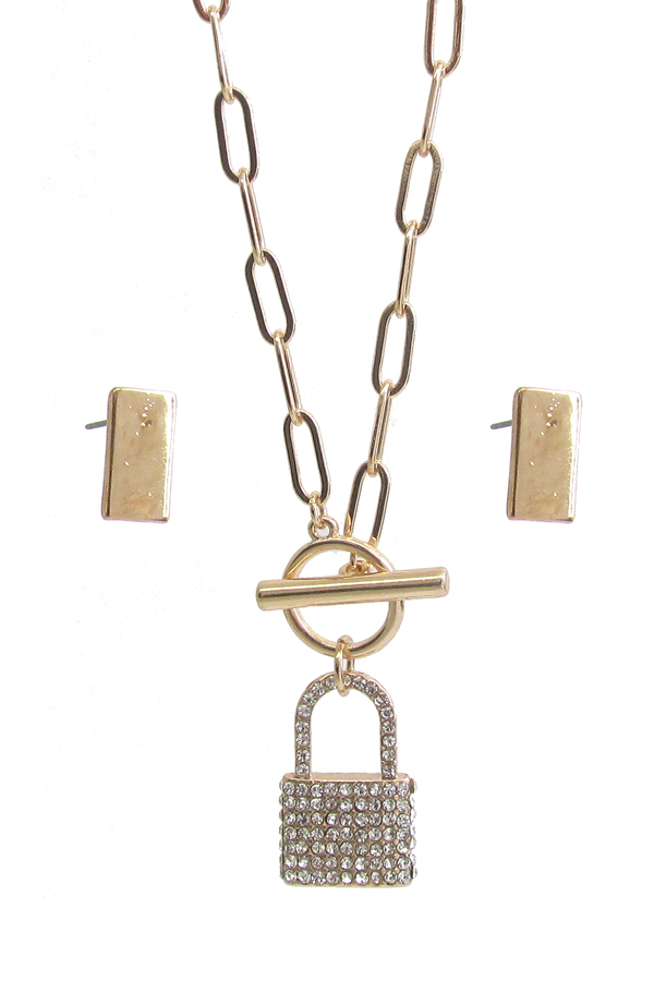 CRYSTAL PADLOCK PENDANT TOGGLE NECKLACE SET