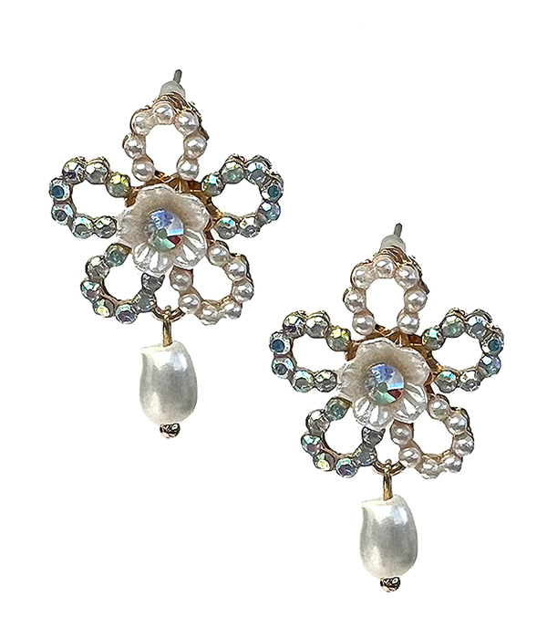 CRYSTAL FLOWER AND PEARL DROP EARRING