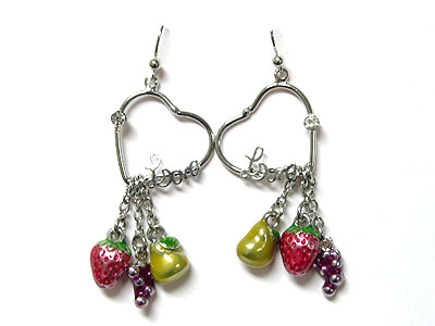 Crystal heart with strawberry grape and pear charm earring