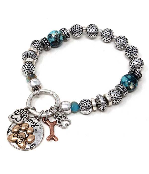 PET LOVERS INSPIRATION MULTI BEAD MIX STRETCH BRACELET - PAW PRINT