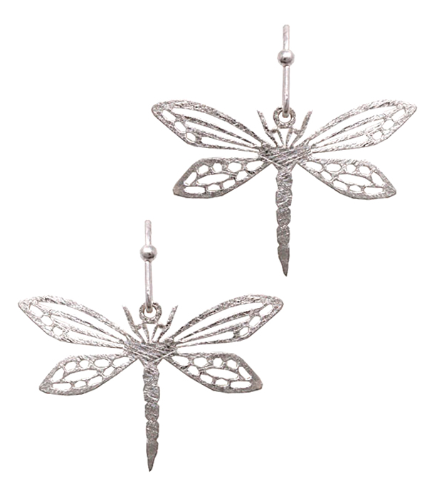 Scratch metal brass dragonfly earring - brass metal