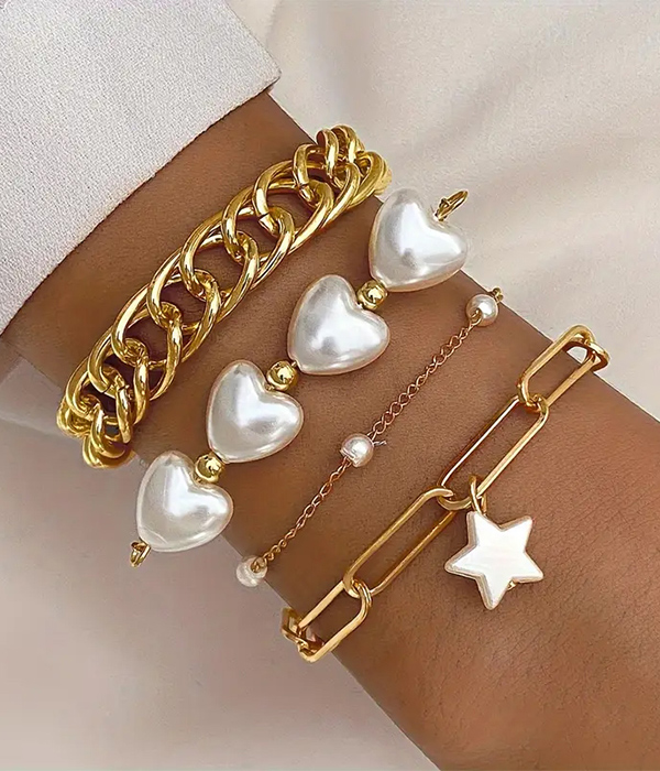 Faux pearl heart and mix chain 4 bracelet set