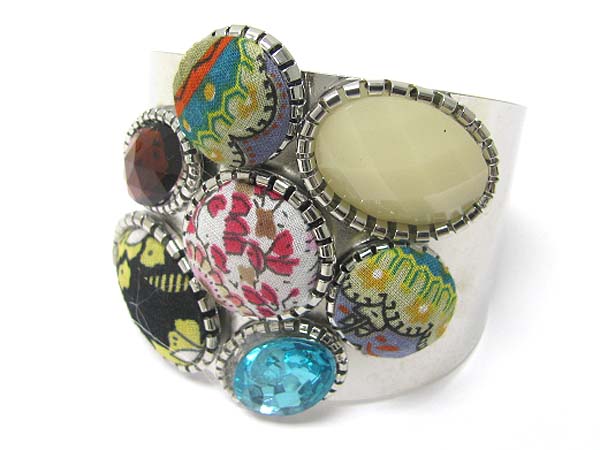 MULTI STONE AND FABRIC BUTTON STUD METAL CUFF BANGLE