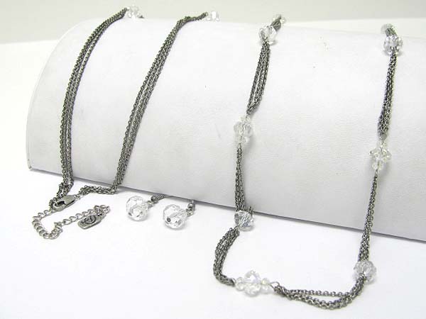 Crystal cut facet glass beads and multi metal chain long necklace earring set