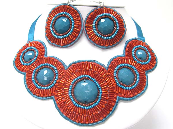 Acryl stone and beads deco fabric mesh bib style necklace earring set