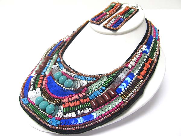 SEQUINS AND BEADS MOSAIC DECO FABRIC MESH BIB STYLE NECKLACE EARRING SET