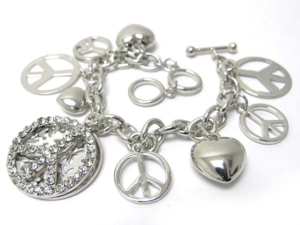 Crystal multi peace mark charm dangle toglge bracelet