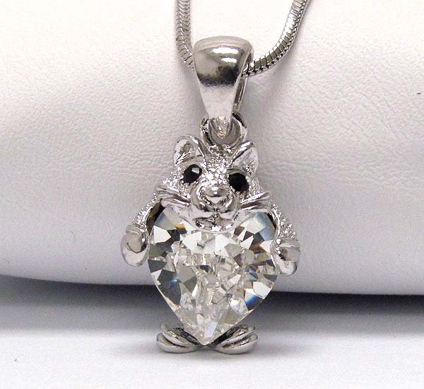 Made in korea whitegold plating crystal fox with glass heart pendant necklace