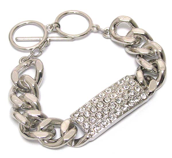 Crystal metal plate thick chain toggle bracelet