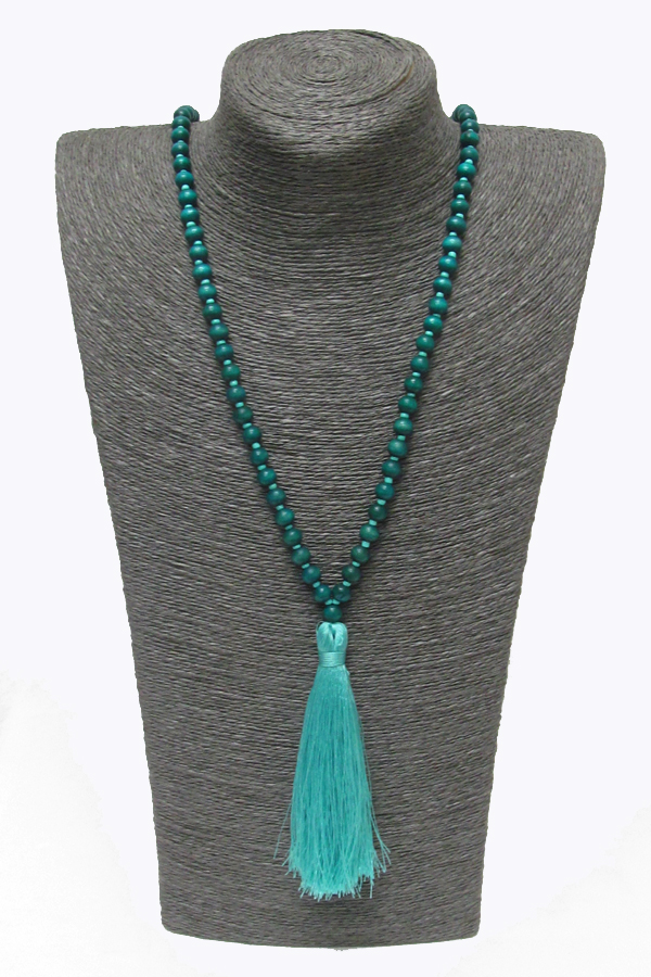 Tassel drop wood beads long necklace