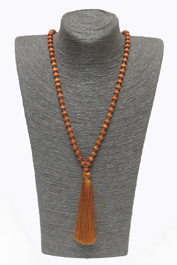 Tassel drop wood beads long necklace