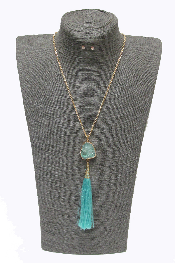 Druzy stone and tassel drop long necklace