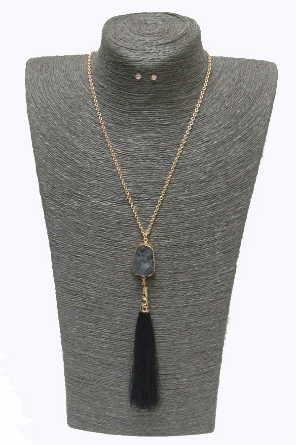 Druzy stone and tassel drop long necklace