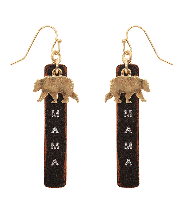 Mama bear theme leather bar drop earring