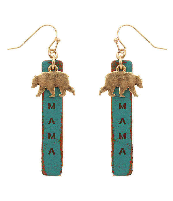 Mama bear theme leather bar drop earring