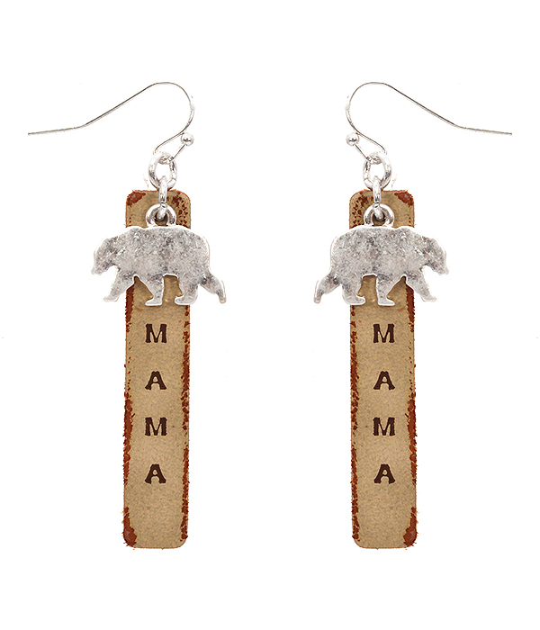 Mama bear theme leather bar drop earring