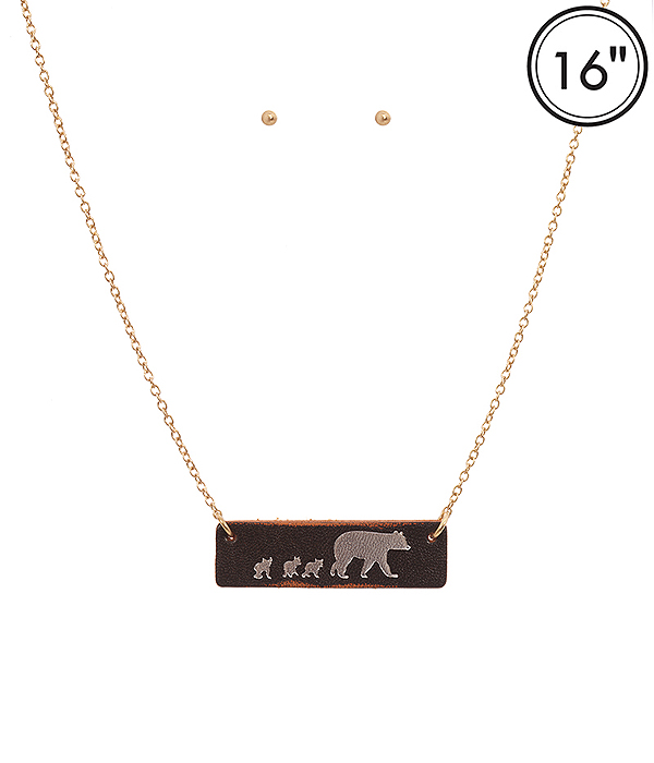Mama bear theme leather bar pendant necklace set