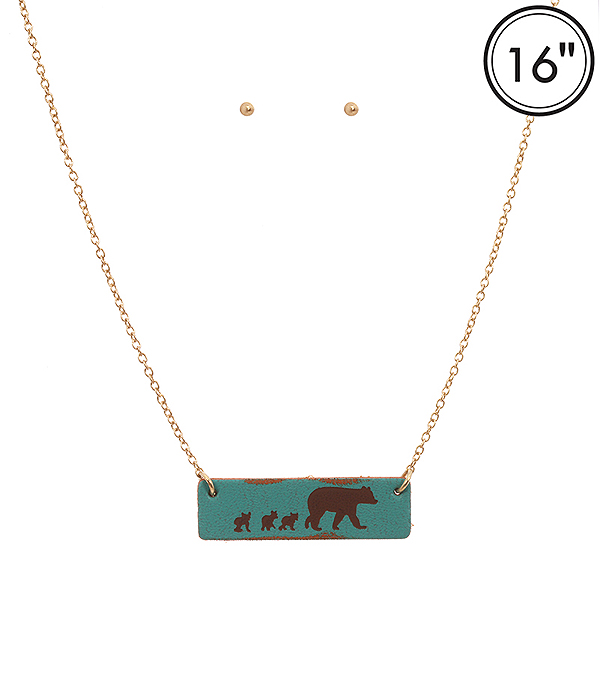 Mama bear theme leather bar pendant necklace set