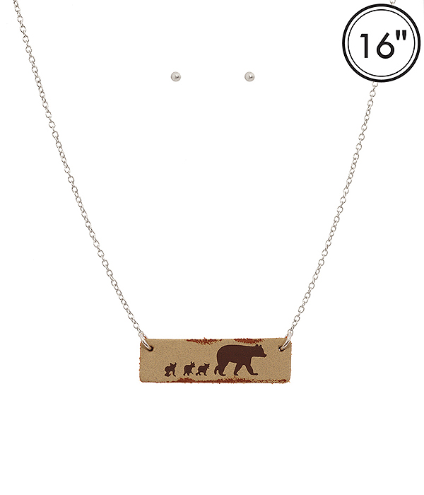 Mama bear theme leather bar pendant necklace set