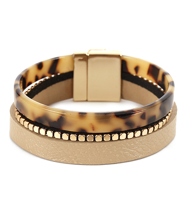 Leather and organic cellulose magnetic bracelet - tortoise