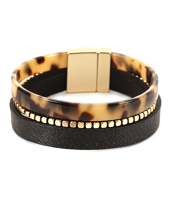 Leather and organic cellulose magnetic bracelet - tortoise