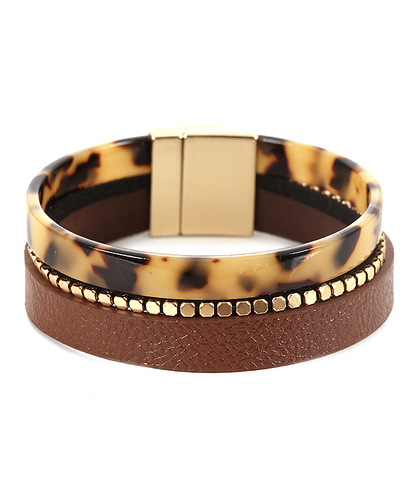 Leather and organic cellulose magnetic bracelet - tortoise
