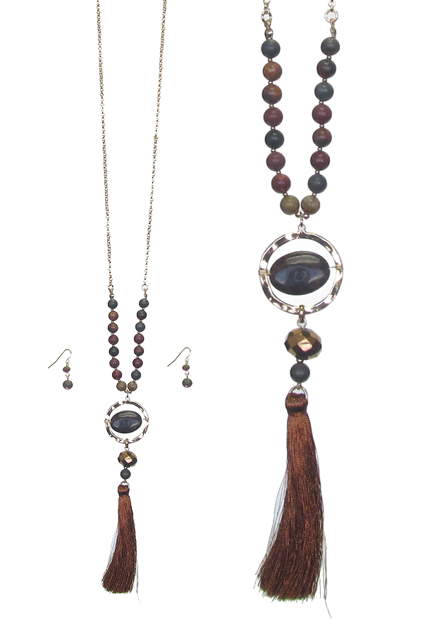 SEMI PRECIOUS STONE AND TASSEL DROP LONG NECKLACE SET