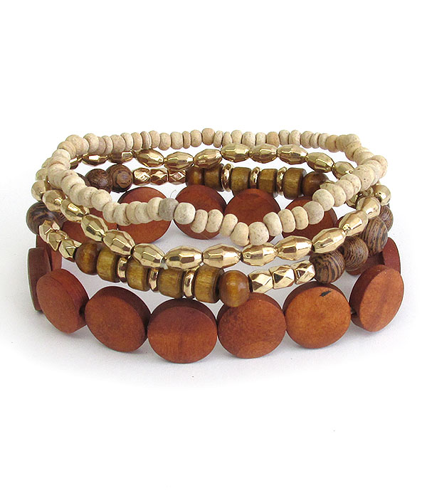 NATURAL WOOD BEAD MIX 4 STRETCH BRACELET SET