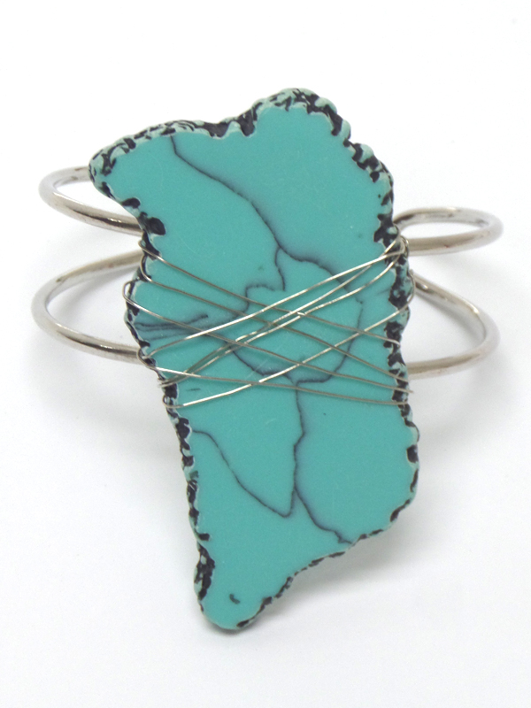 Stone wrapped in wire metal cuff bracelet