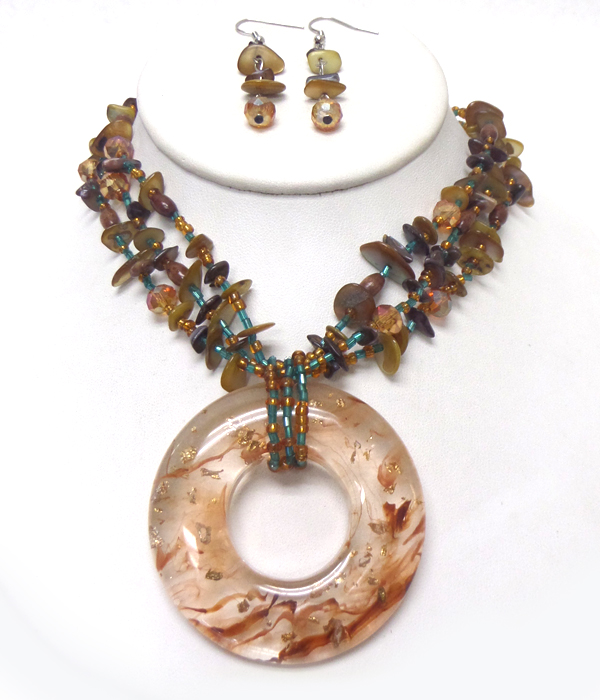 Large murano glass donut pendant mixed chip stone necklace set