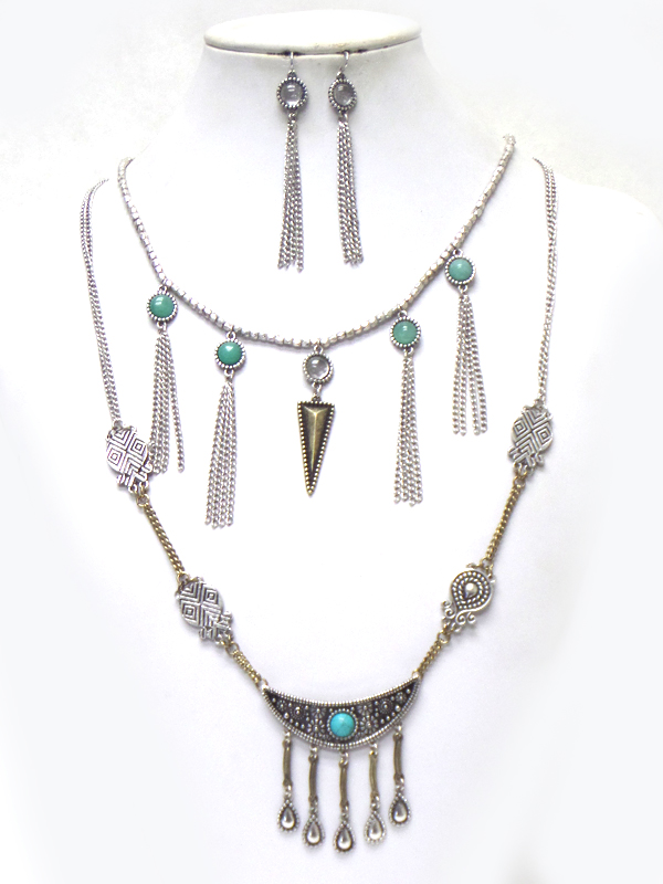 Two layer textured metal with tasssel drop necklace set