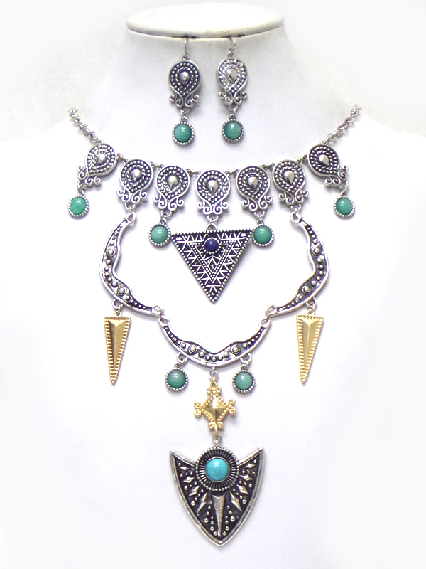 Textured metal with turquoise stone drop necklace set