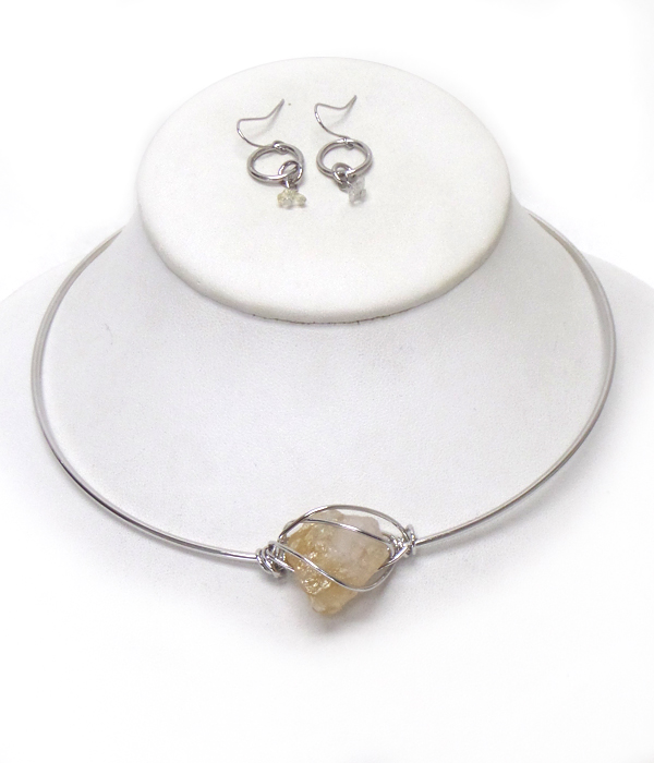 Raw semi precious stone handmade metal wired choker necklace set