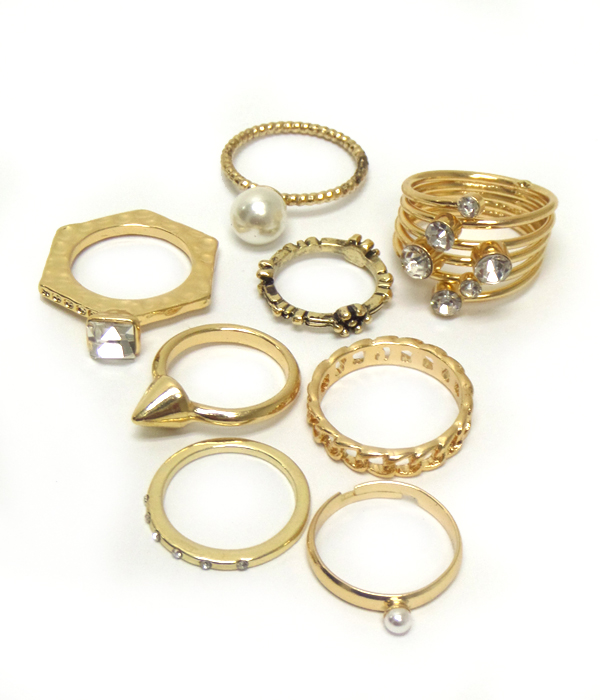 Crystal and pearl mix multi stackable ring combo set of 8