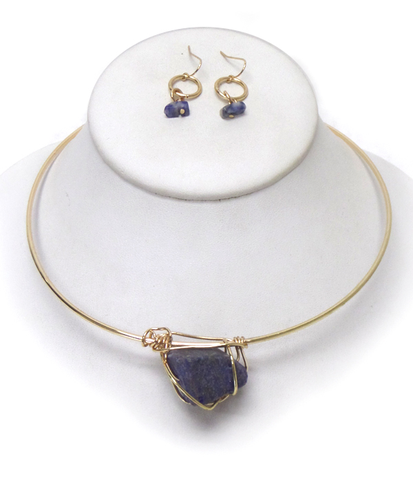 Raw semi precious stone handmade metal wired choker necklace set