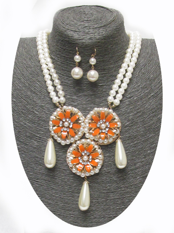 Triple crystal stud pearl and metal epoxy flower link necklace earring set