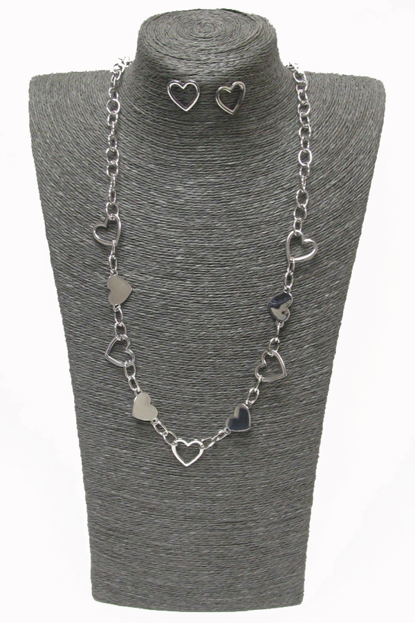 Multi heart link chain long necklace earring set -valentine