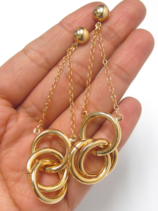 Electro plating triple metal ring link chain drop earring